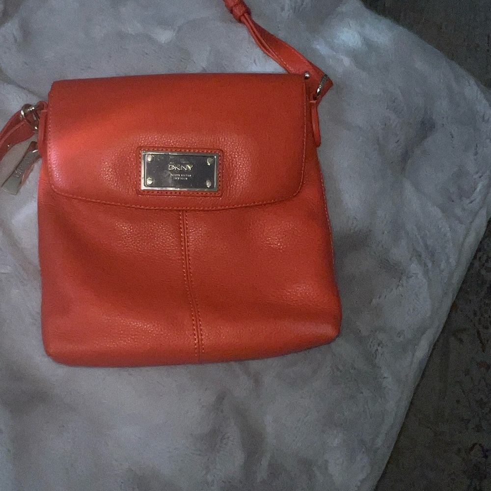 DKNY Orange Pebbled Leather Crossbody with Gold Plaque